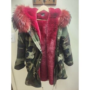 Charlotte b Camo Parka Jacket Red Faux Fur Lined Hooded Military Coat Womens